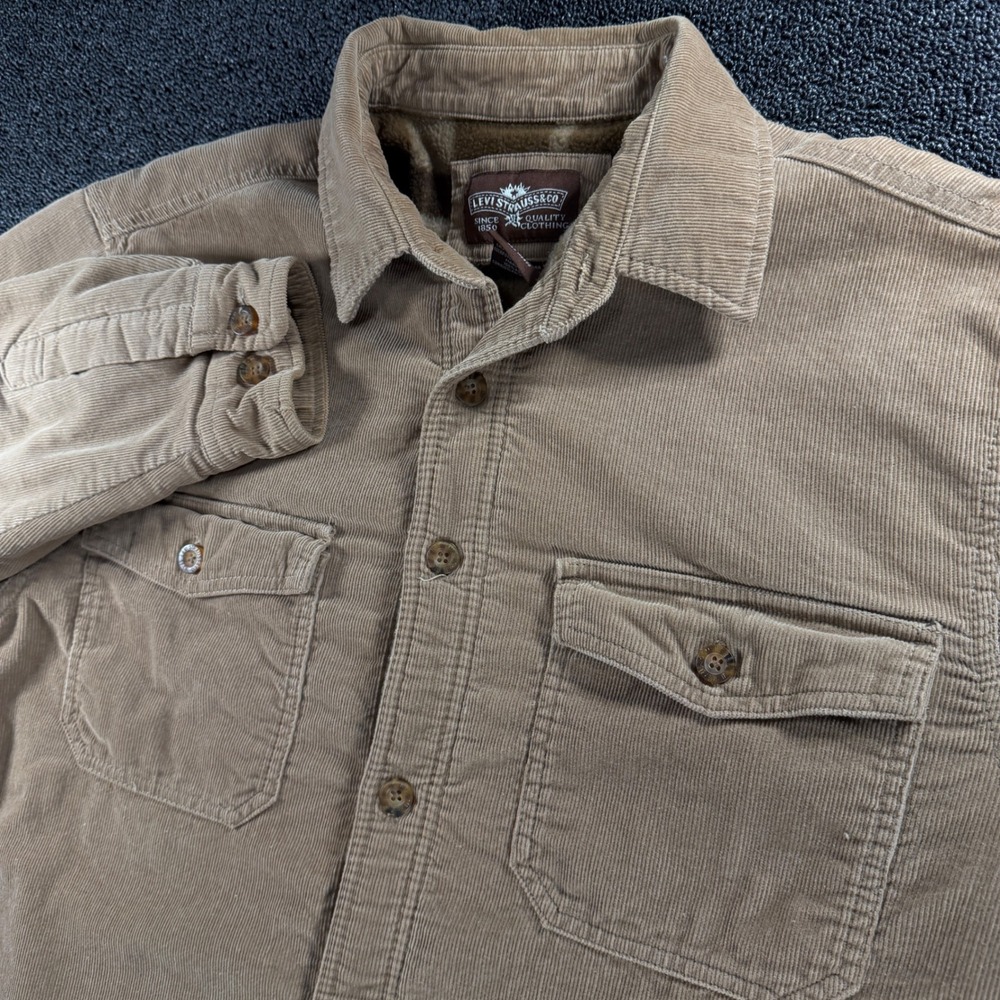 Levi Strauss Mens M Tan Corduroy Plaid Fleece Lined Shacket Shirt Jacket